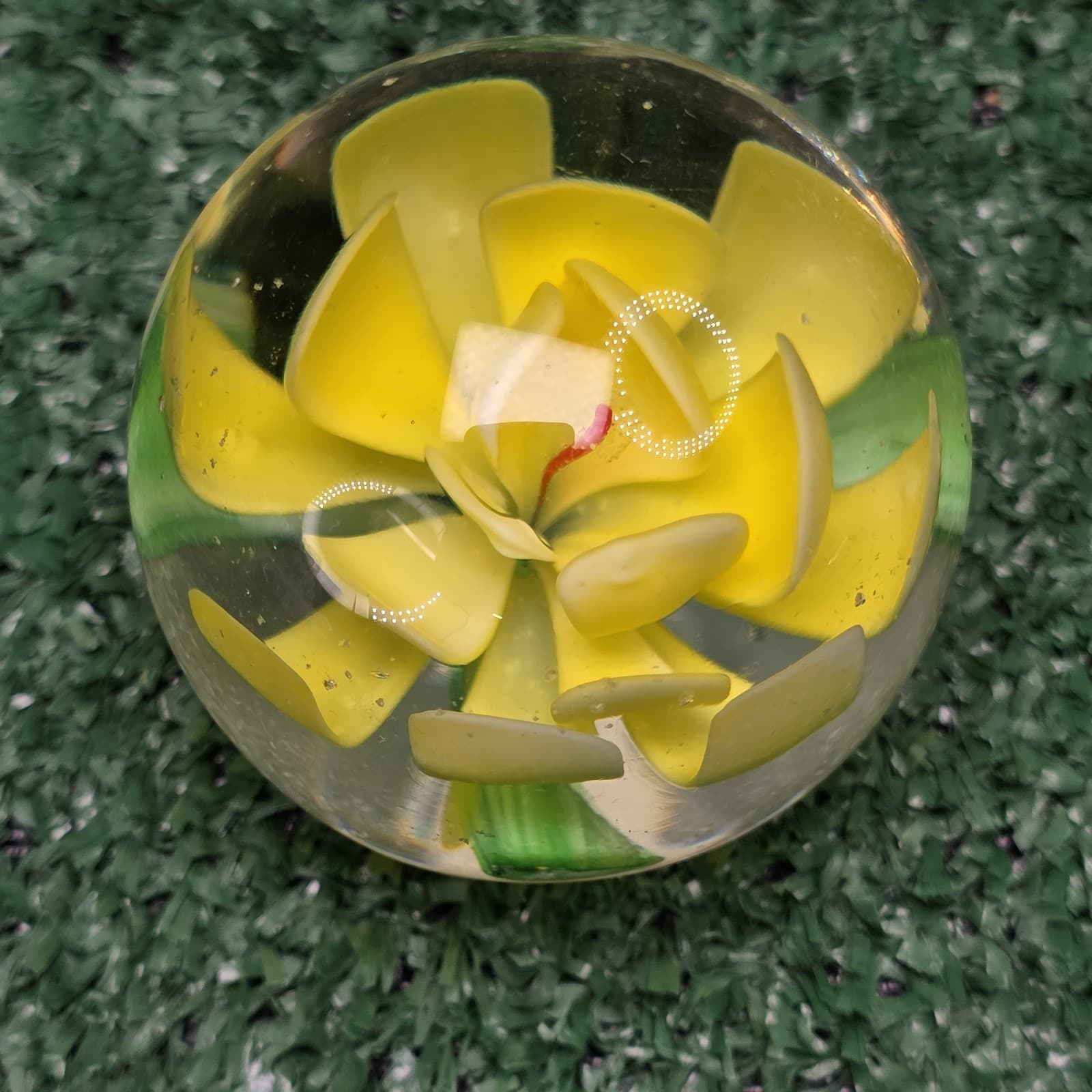 Vintage Murano Style Glass Hand Blown Paperweights Yellow Floral 2" Tall - Thumbnail 2