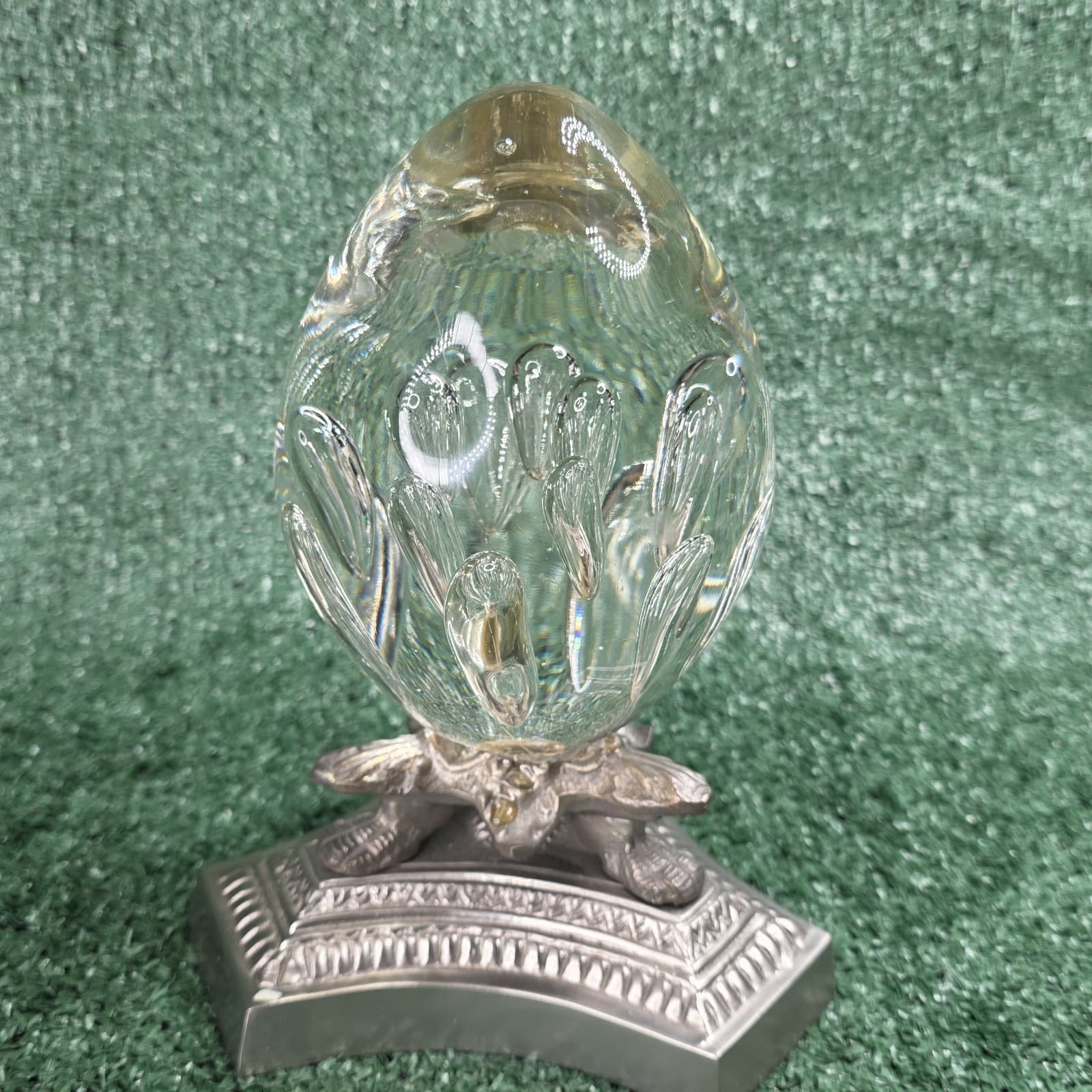Vtg Controlled Bubble Glass Egg Paperweight On Metal Art Nouveau Base 8” - Thumbnail 3