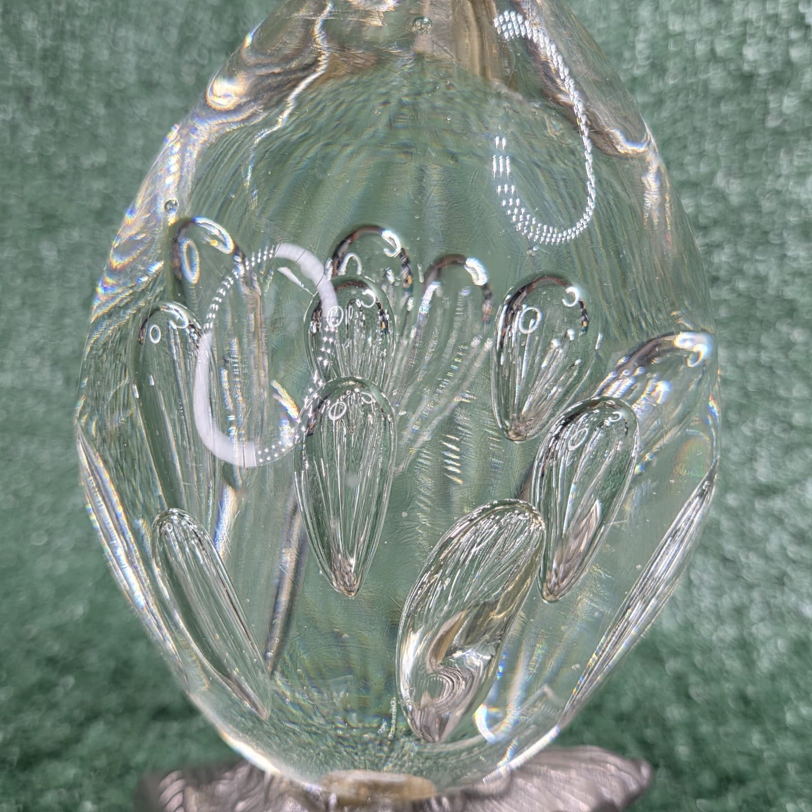 Vtg Controlled Bubble Glass Egg Paperweight On Metal Art Nouveau Base 8” - Thumbnail 6