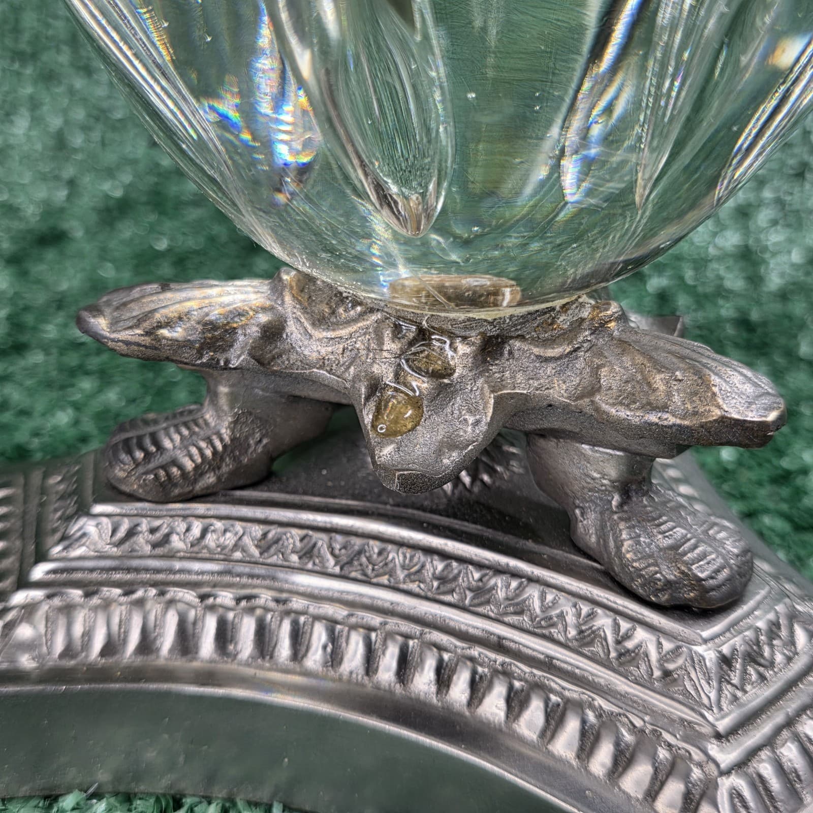 Vtg Controlled Bubble Glass Egg Paperweight On Metal Art Nouveau Base 8” - Thumbnail 4