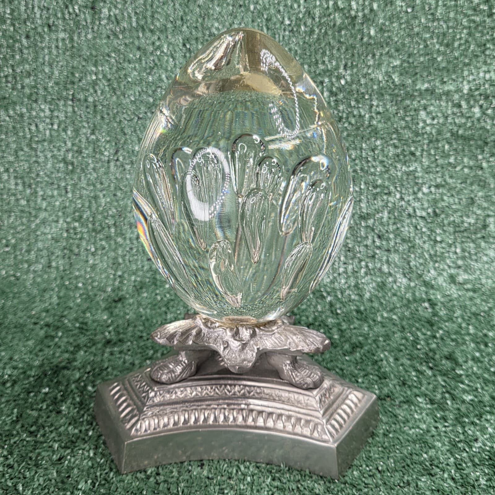 Vtg Controlled Bubble Glass Egg Paperweight On Metal Art Nouveau Base 8” - Thumbnail 5
