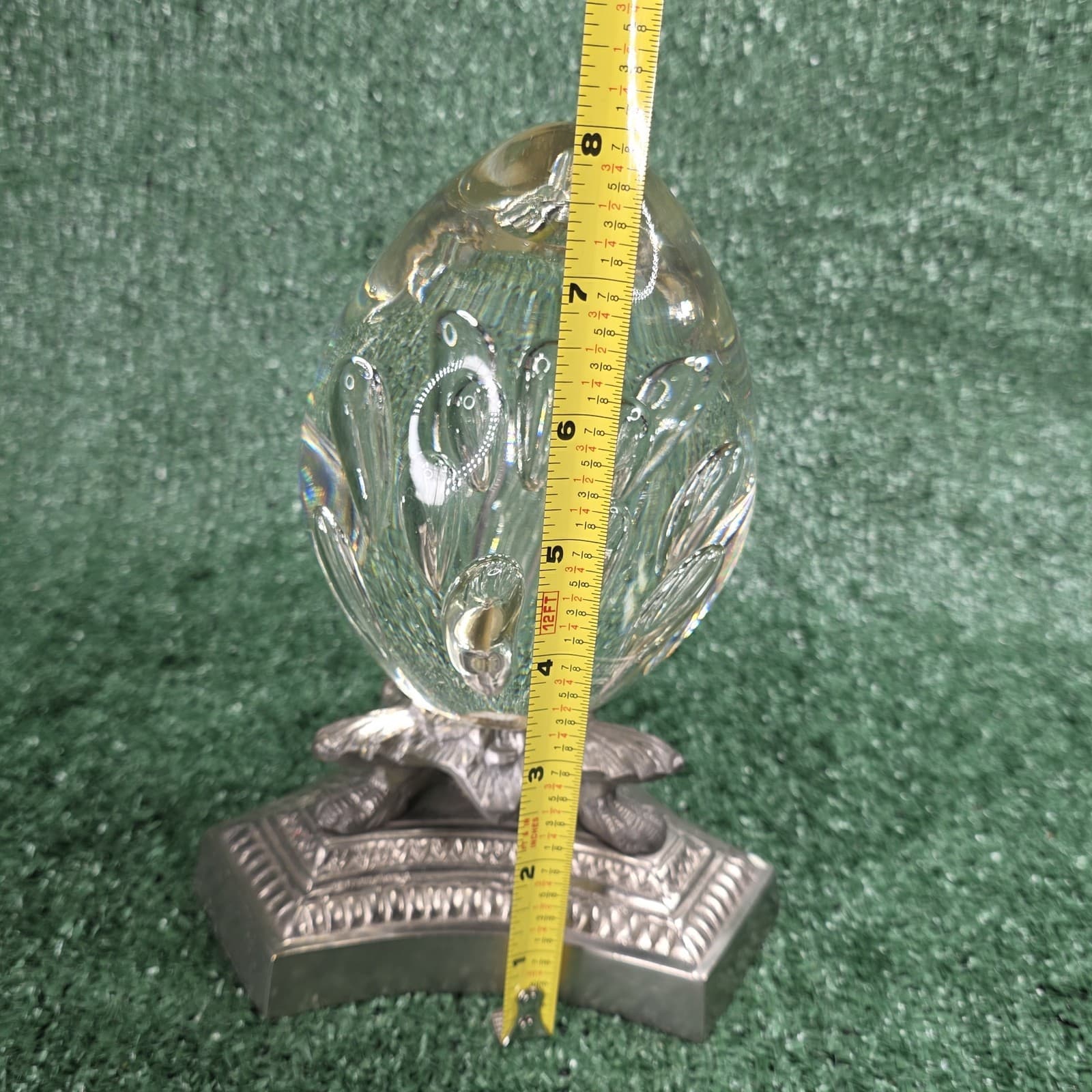 Vtg Controlled Bubble Glass Egg Paperweight On Metal Art Nouveau Base 8” - Thumbnail 2