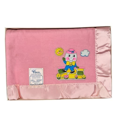 Vintage 80s Triboro Baby Blanket Humpty Dumpty Pink 36 x 50" Satin Binding Trim - Thumbnail 4
