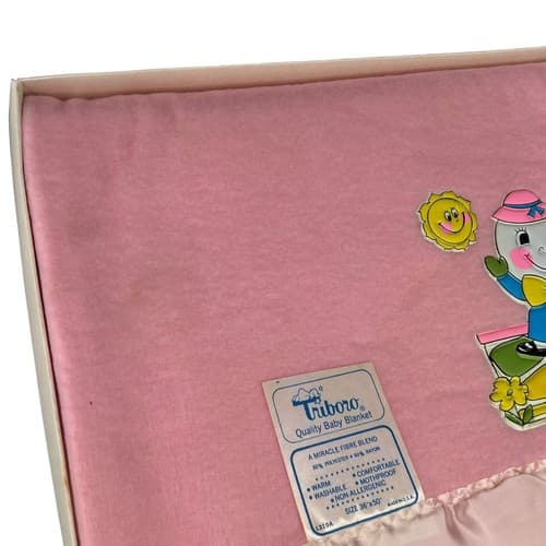 Vintage 80s Triboro Baby Blanket Humpty Dumpty Pink 36 x 50" Satin Binding Trim - Thumbnail 7