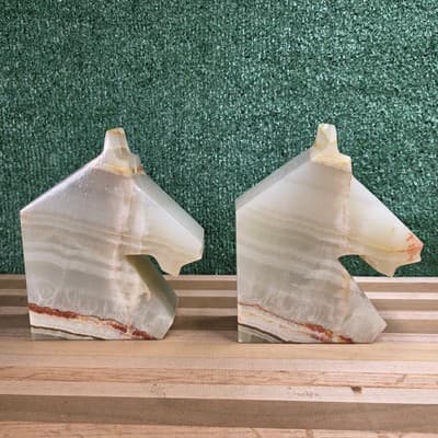 Vintage Heavy Bookends 7” Horse Head Onyx Alabaster Stone Carved Trojan Knight - Thumbnail 4