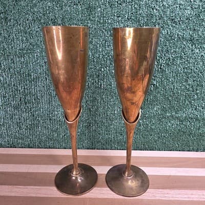 2 Vintage 9.25" Brass Toasting Champagne Flute Stemmed Goblet - Thumbnail 3