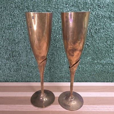 2 Vintage 9.25" Brass Toasting Champagne Flute Stemmed Goblet - Thumbnail 4