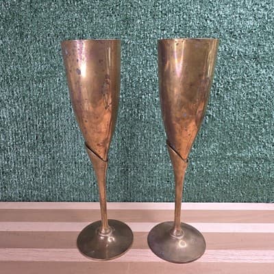 2 Vintage 9.25" Brass Toasting Champagne Flute Stemmed Goblet - Thumbnail 2