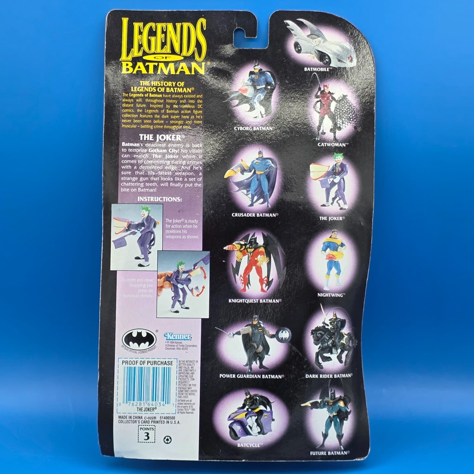 Legends of Batman The Joker Figure w/ Snapping Jaw Collector's Card 1994 Kenner - Thumbnail 3