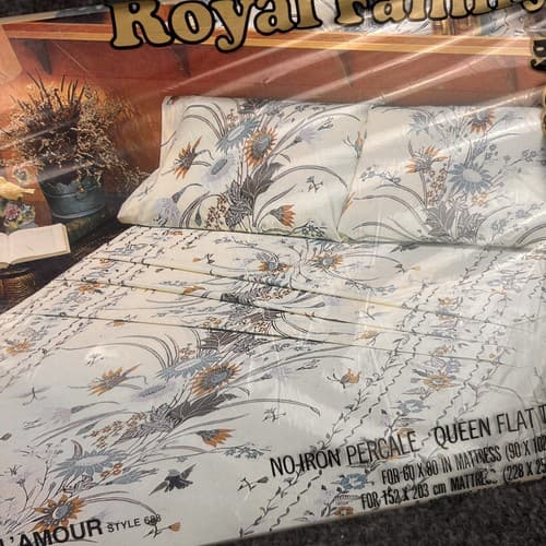 VTG ROYAL FAMILY BY CANNON SUN FLOWER FLORAL QUEEN FLAT TOP SHEET & PILLOW CASE - Thumbnail 8