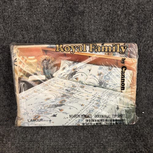 VTG ROYAL FAMILY BY CANNON SUN FLOWER FLORAL QUEEN FLAT TOP SHEET & PILLOW CASE - Thumbnail 5