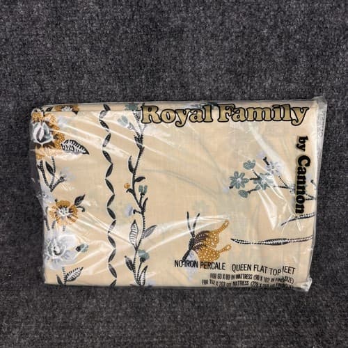 VTG ROYAL FAMILY BY CANNON SUN FLOWER FLORAL QUEEN FLAT TOP SHEET & PILLOW CASE - Thumbnail 3
