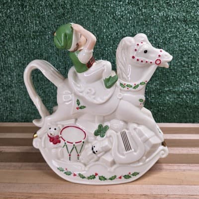 Lenox Tea Pot Elf and Rocking Horse Santa Holiday Toy Shop Christmas Holly - Thumbnail 5