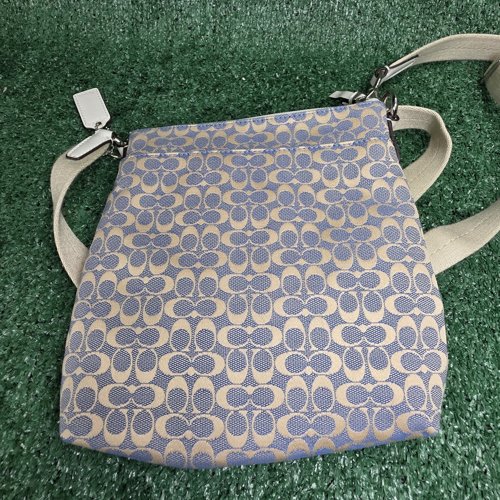 Coach Signature Canvas Zip Crossbody Bag Leather Trim Stripe Baby Blue - Thumbnail 3
