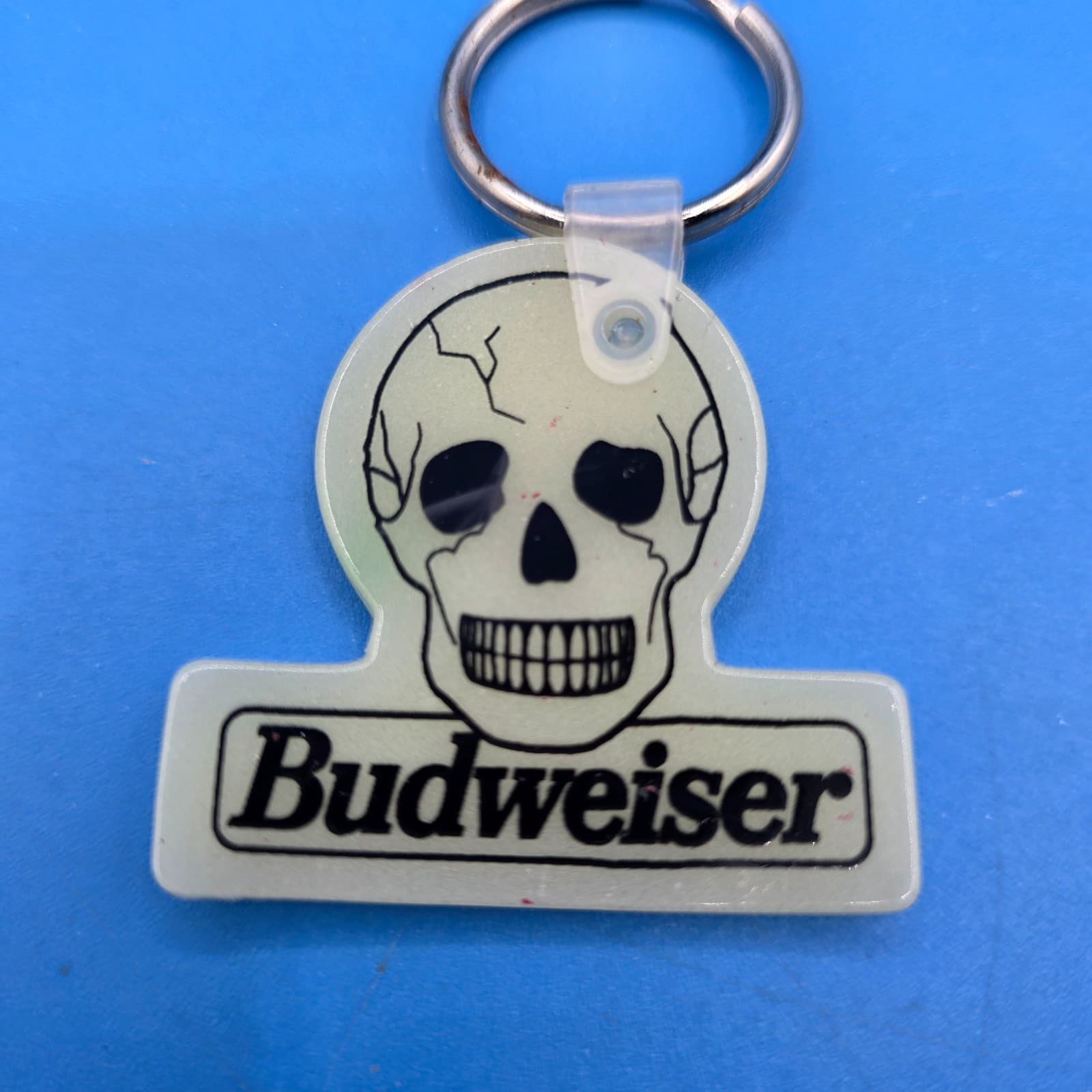 Vintage Budweiser Advertising Keychain Beer Key Fob Sign Glow in Dark Skull - Thumbnail 6