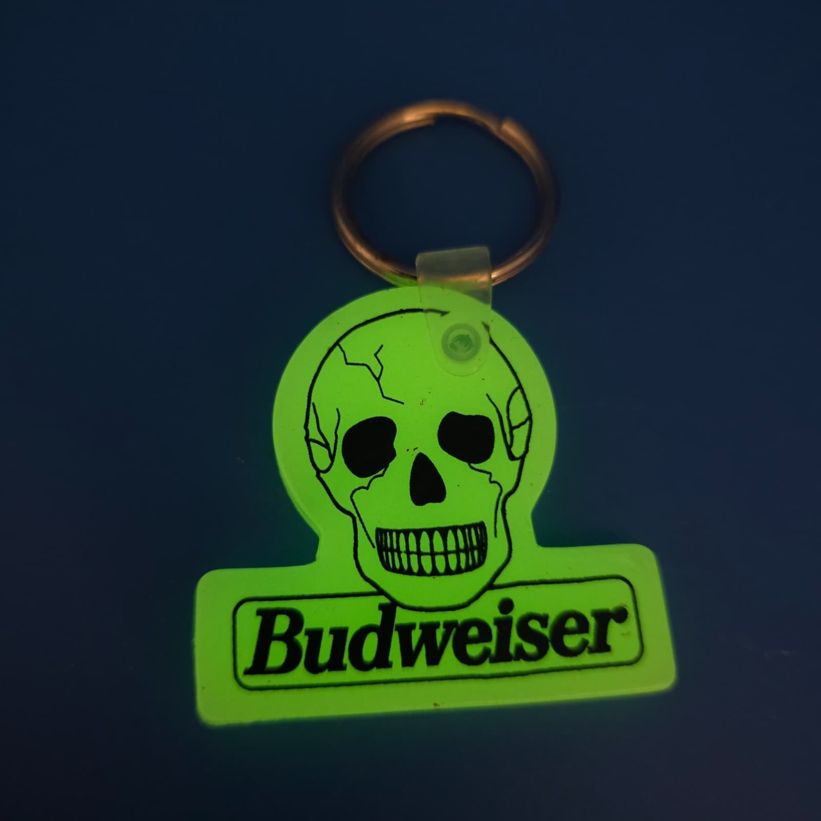 Vintage Budweiser Advertising Keychain Beer Key Fob Sign Glow in Dark Skull - Thumbnail 4
