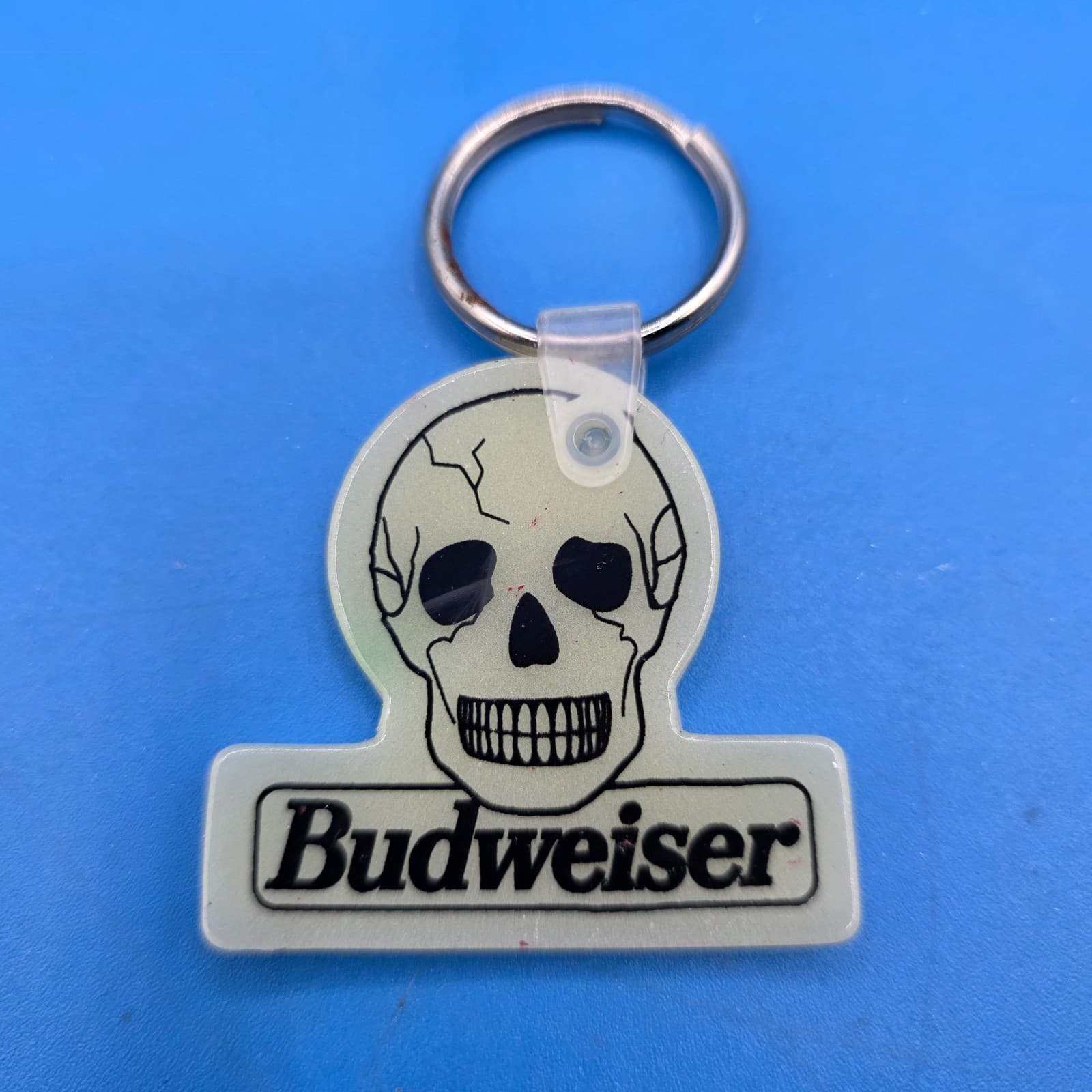 Vintage Budweiser Advertising Keychain Beer Key Fob Sign Glow in Dark Skull - Thumbnail 2