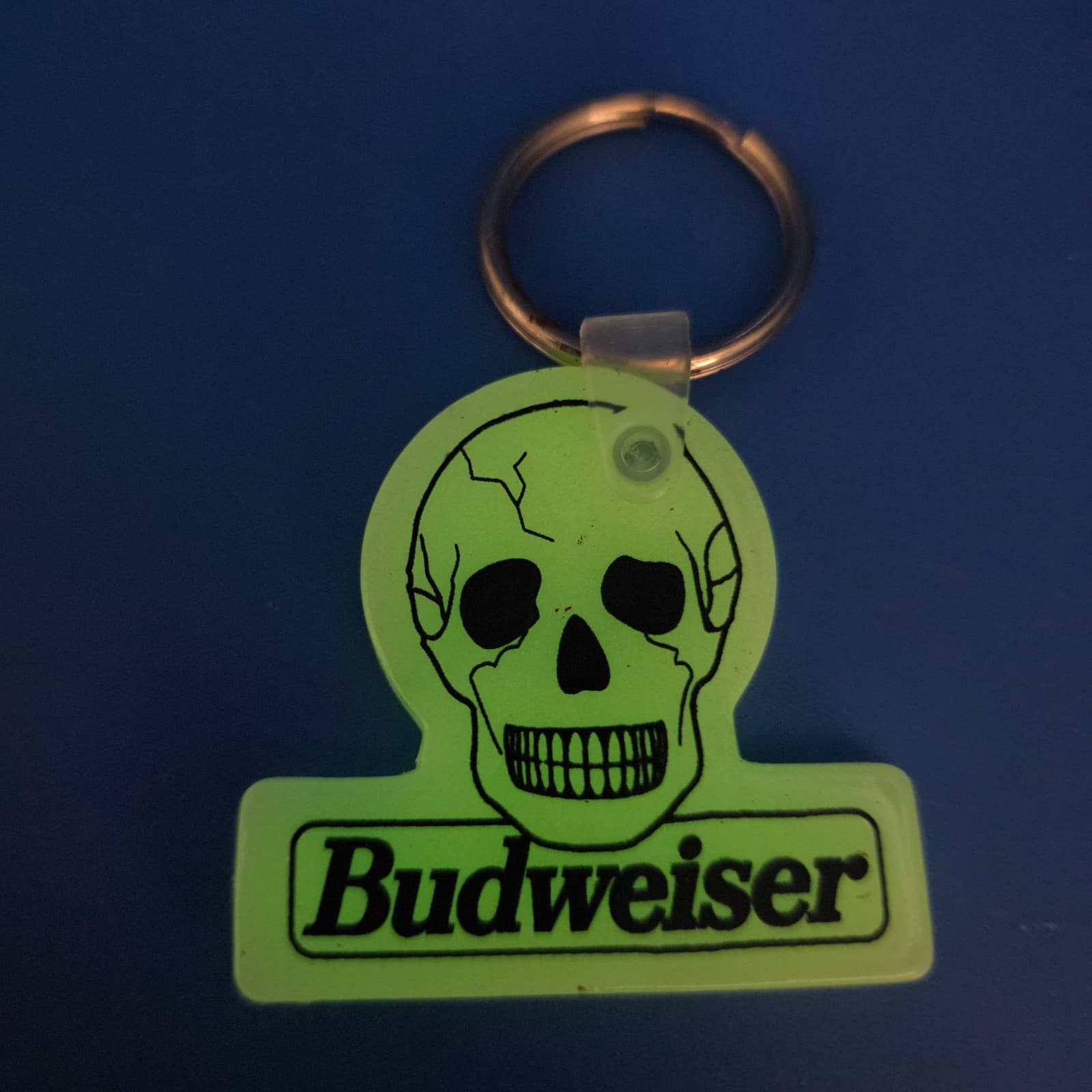 Vintage Budweiser Advertising Keychain Beer Key Fob Sign Glow in Dark Skull - Thumbnail 3