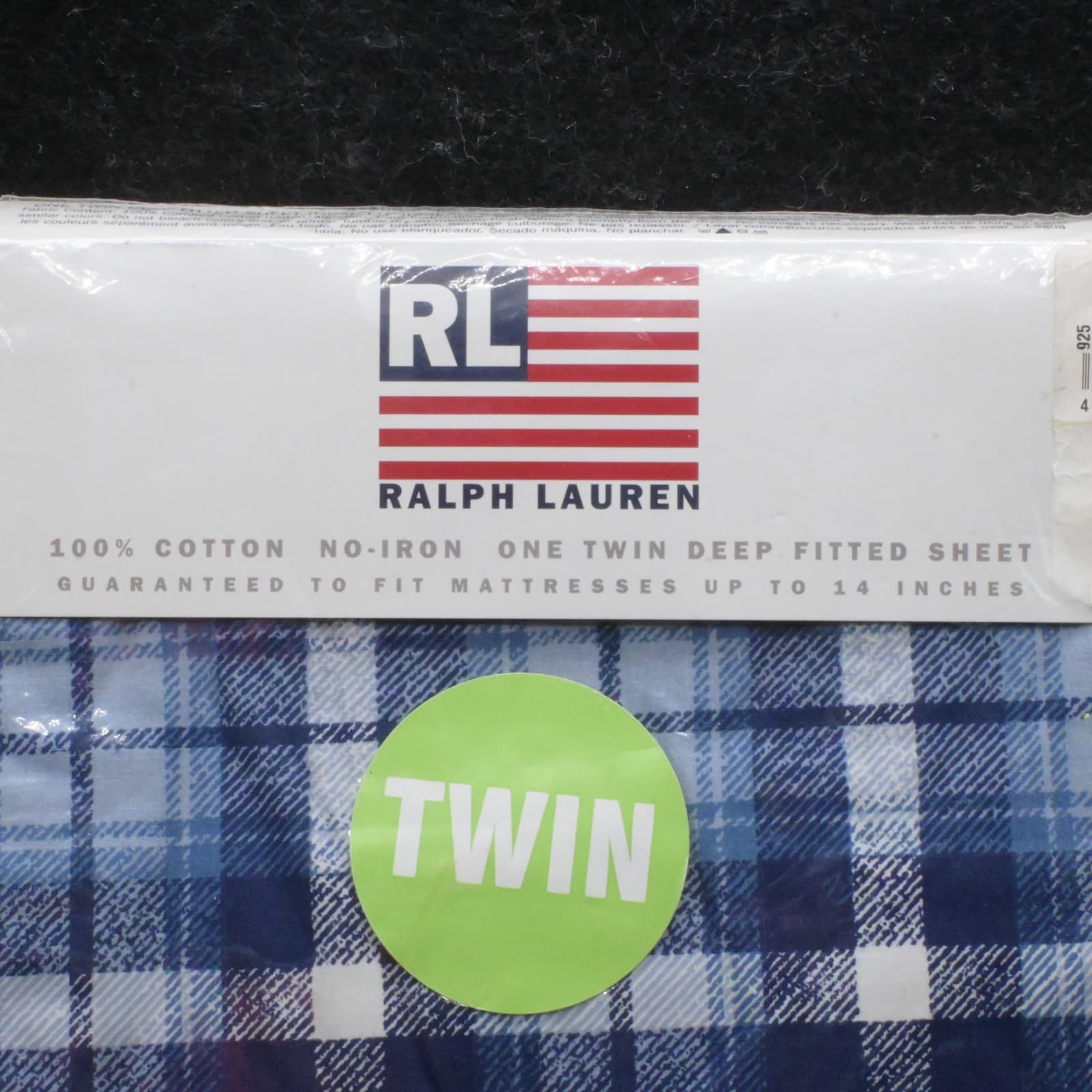 NOS - Vintage Ralph Lauren Blue and White Checked Twin Size Deep Fitted Sheet - Thumbnail 2