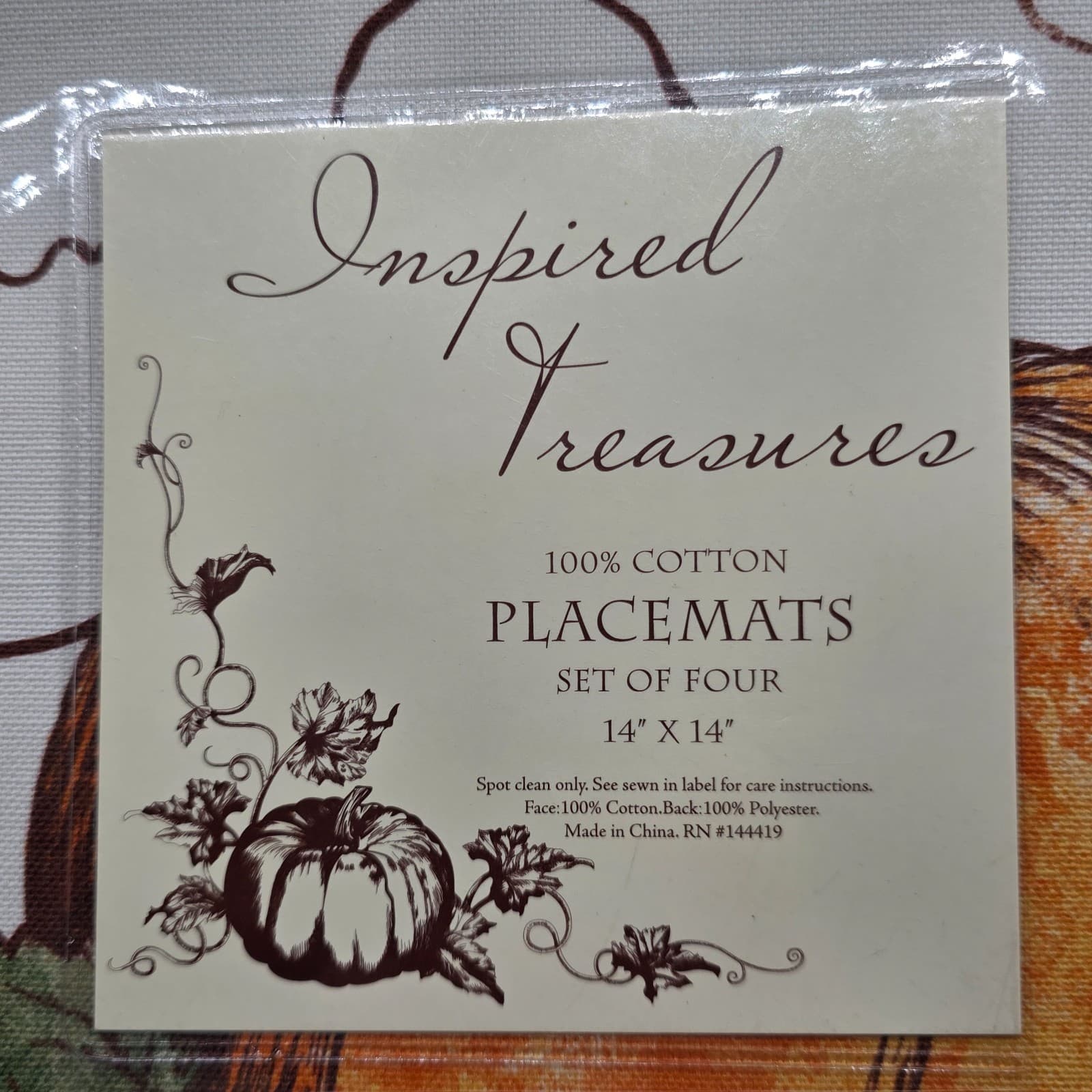 Inspired Treasures 14"x14" Fall Pumpkin White Placemats Set 4 - Thumbnail 3