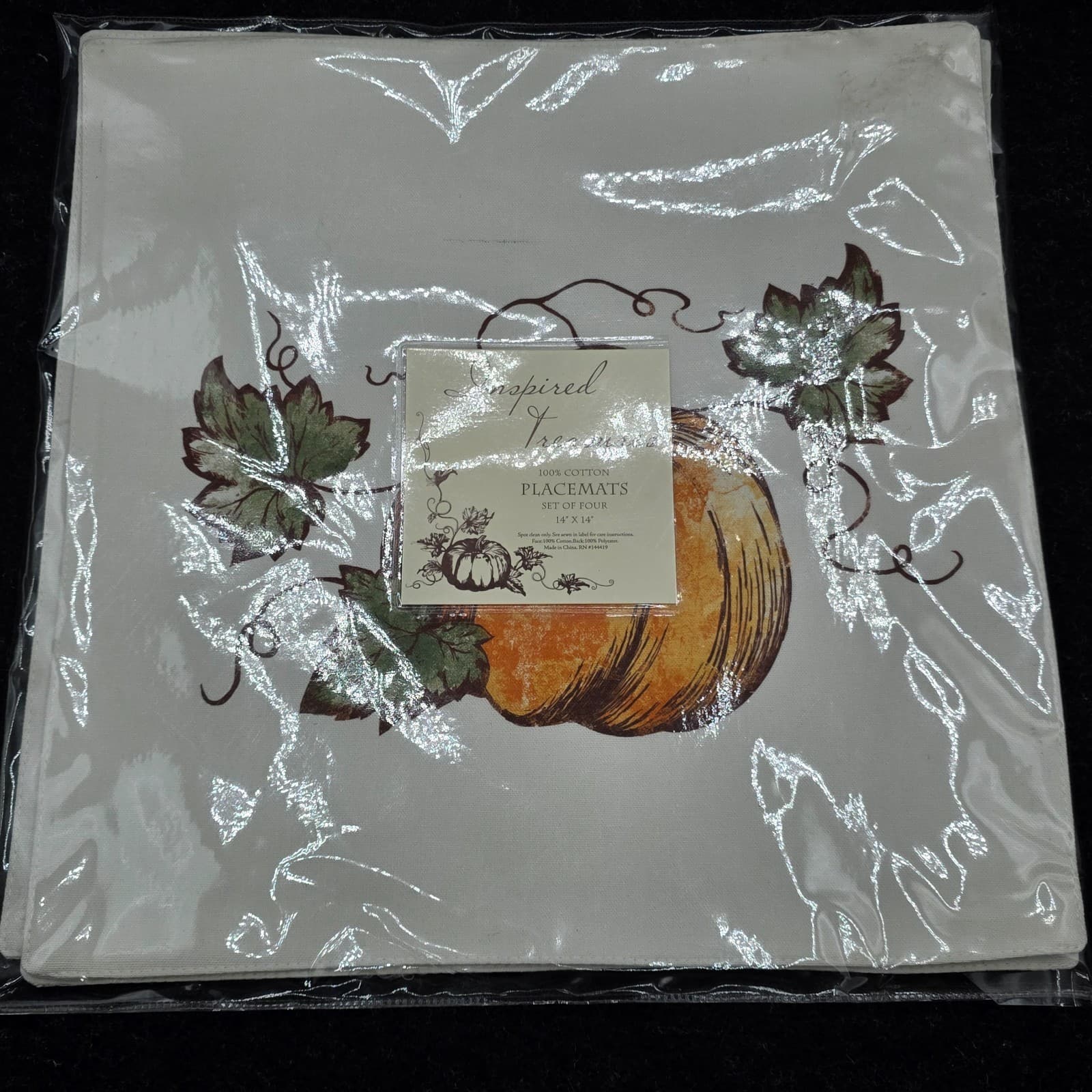 Inspired Treasures 14"x14" Fall Pumpkin White Placemats Set 4 - Thumbnail 2