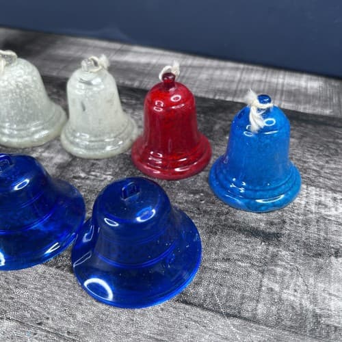 Vintage Irwin Red and Blue Plastic Stenciled Bell Christmas Ornaments Set of 8 - Thumbnail 2