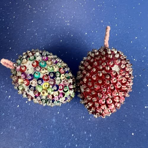 2 Vintage Christmas Ornaments Handmade Push Pin Beaded Sequin Eggs Red & Rainbow - Thumbnail 3