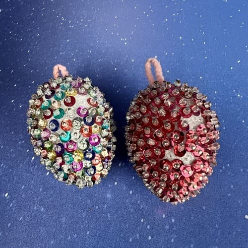 2 Vintage Christmas Ornaments Handmade Push Pin Beaded Sequin Eggs Red & Rainbow - Thumbnail 2
