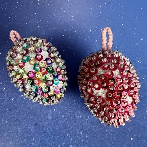 2 Vintage Christmas Ornaments Handmade Push Pin Beaded Sequin Eggs Red & Rainbow - Thumbnail 4
