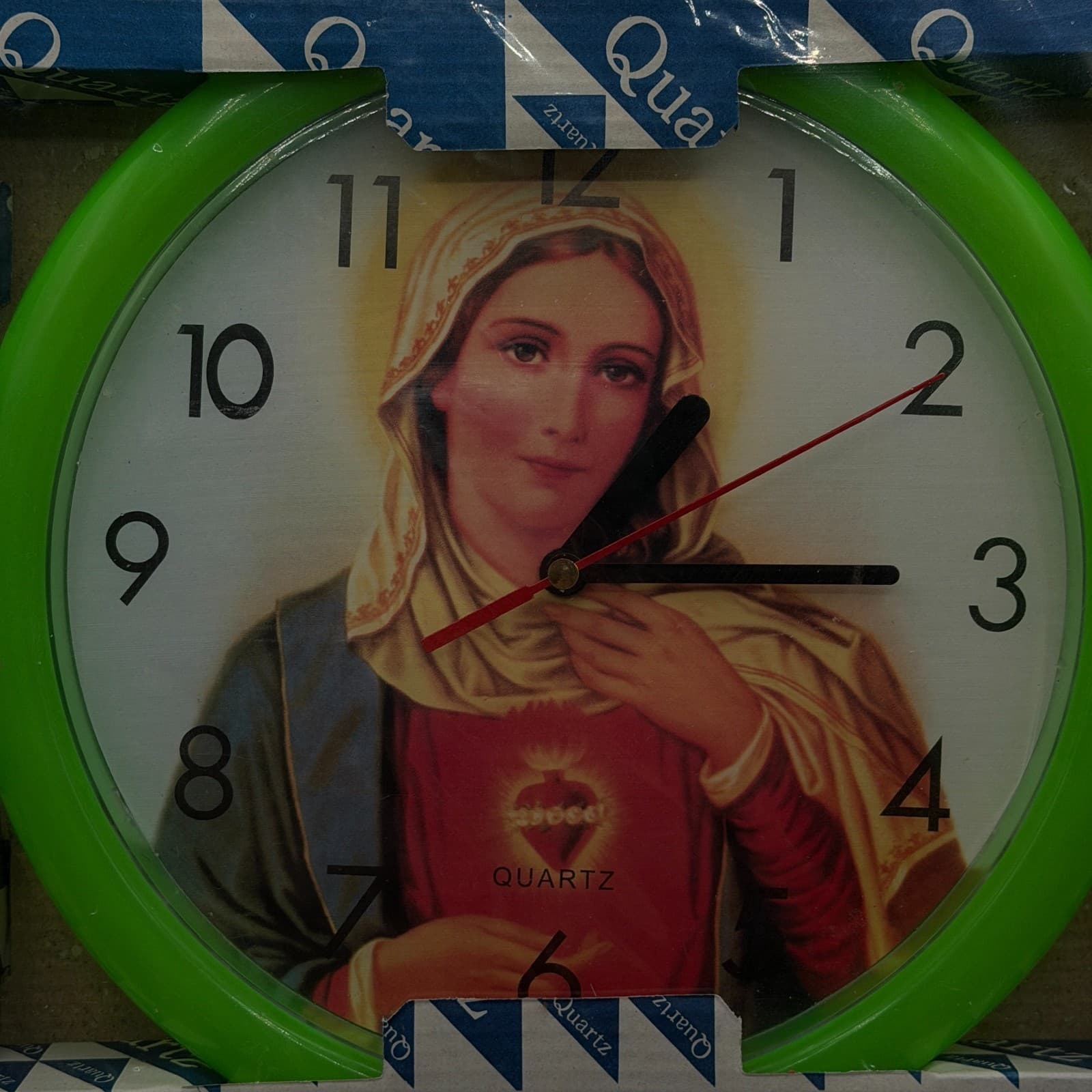 BRAND NEW Battery Neon Green Wall Clock Virgin Mary Catholic Made By QUARTZ - Thumbnail 2