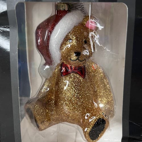 2010 Christopher Radko Teddy Bear w/ Santa Hat Glitter Glass Ornament - Thumbnail 2