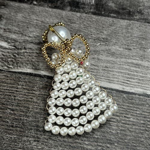 Handmade Beaded Angel White Gold Beads Wire Brooch Pin Holiday Religion Jewelry - Thumbnail 3