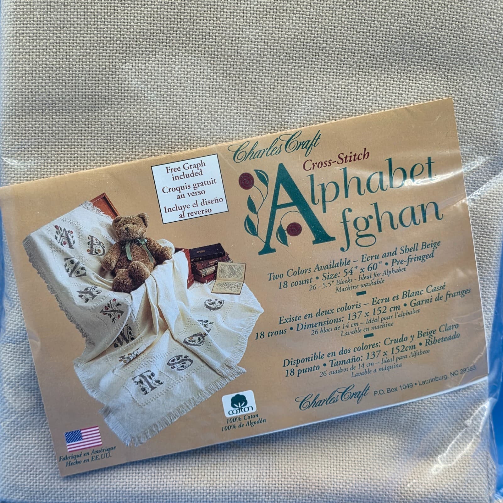 Alphabet Afghan ECRU color 18 Count 54"X60" Pre-fringed Charles Craft DMC NEW - Thumbnail 2