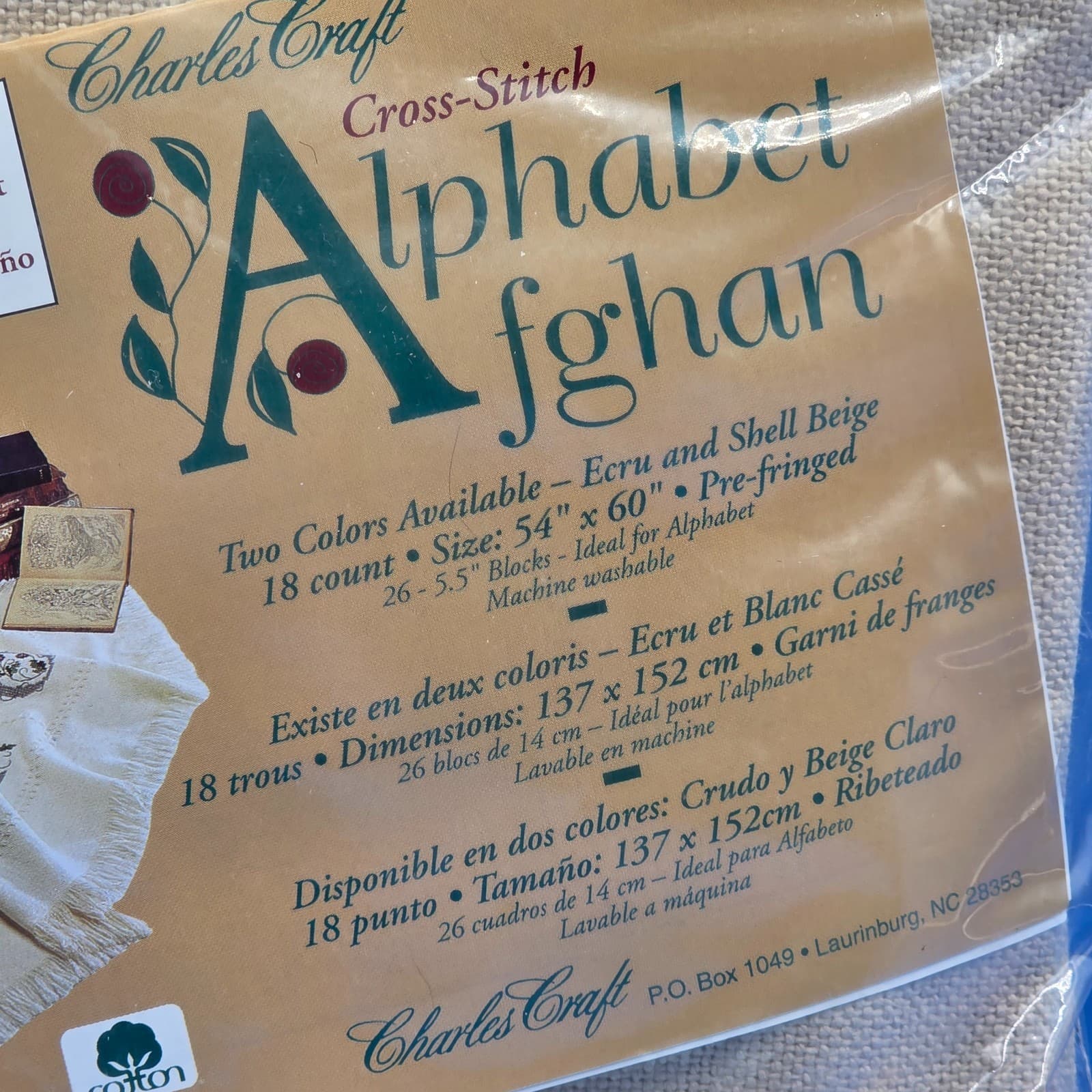 Alphabet Afghan ECRU color 18 Count 54"X60" Pre-fringed Charles Craft DMC NEW - Thumbnail 5