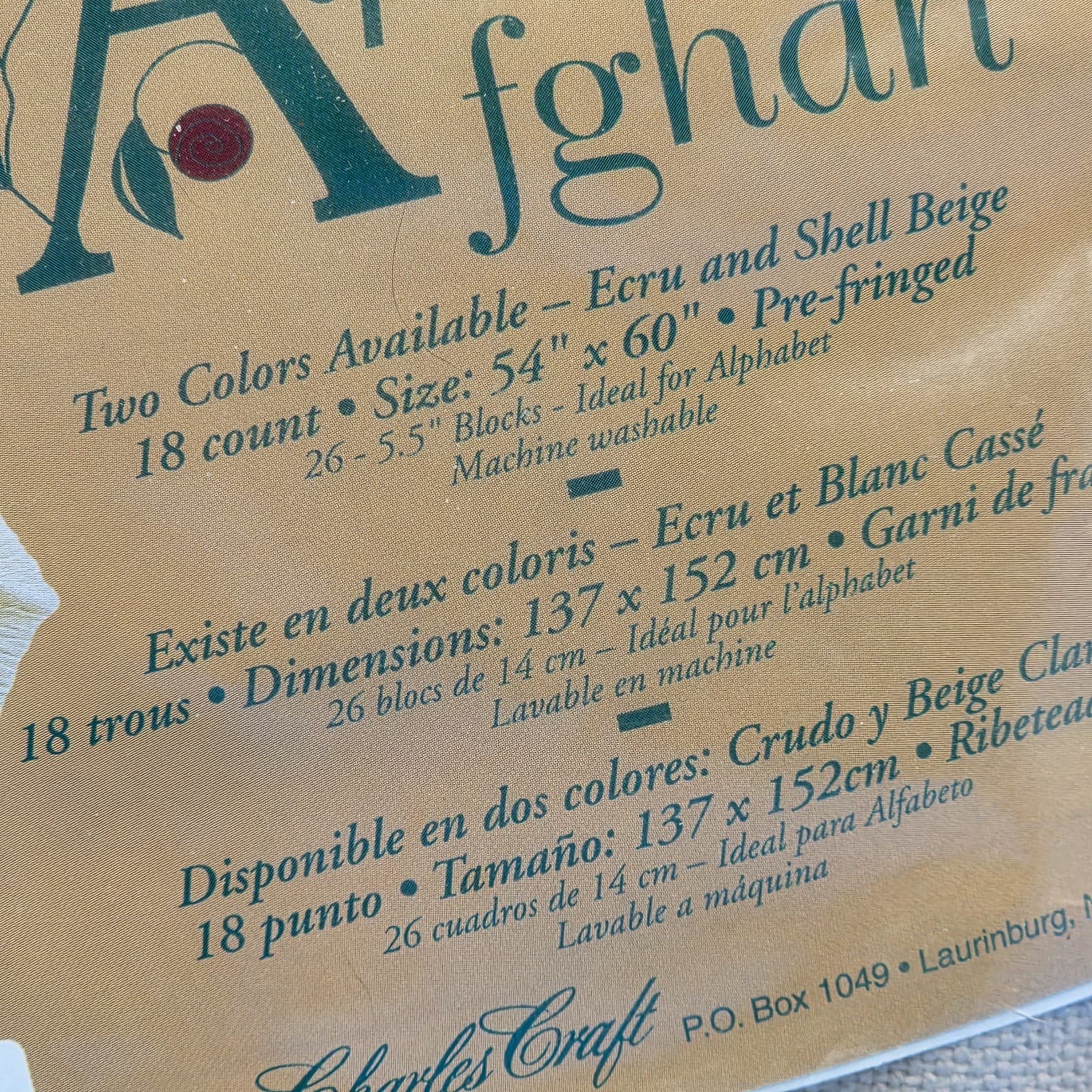 Alphabet Afghan ECRU color 18 Count 54"X60" Pre-fringed Charles Craft DMC NEW - Thumbnail 4
