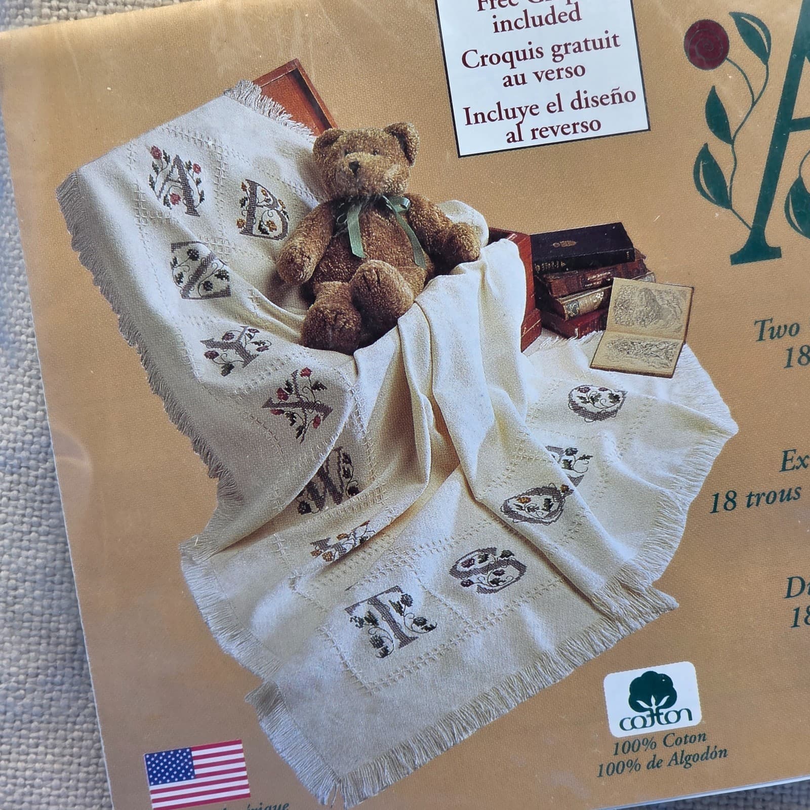 Alphabet Afghan ECRU color 18 Count 54"X60" Pre-fringed Charles Craft DMC NEW - Thumbnail 3