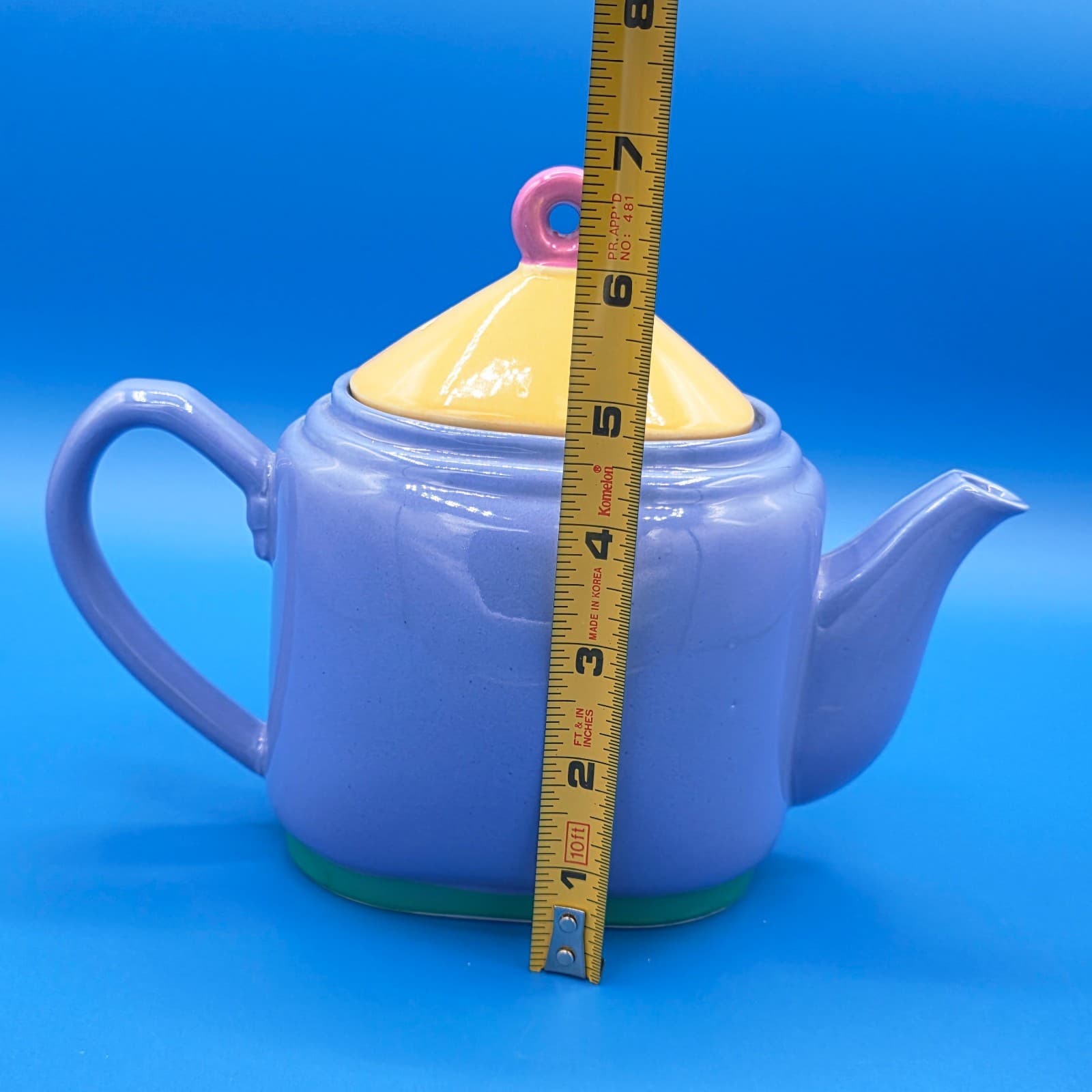 VINTAGE LINDT STYMEIST 3-Cup Teapot Blue Yellow Green Pink w/ LINDT STICKER - Thumbnail 2