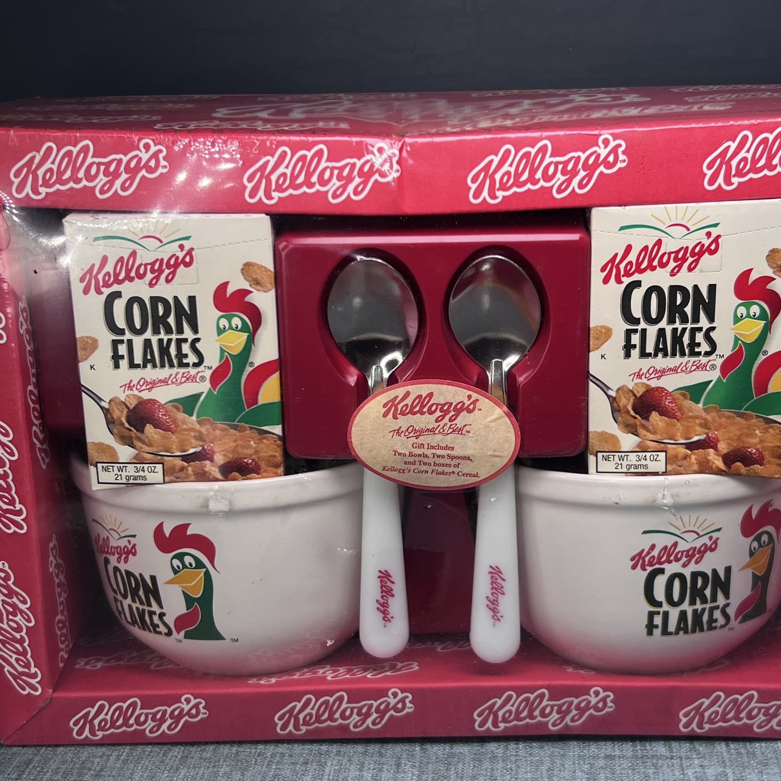READ 1999 Kellogg’s Corn Flakes Ceramic Cereal Bowl Set w/ Spoons And Cereal - Thumbnail 4