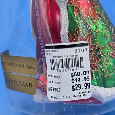VTG Northstar Poland 8.5" Blown Glass Poinsettia Santa Christmas Tree Ornament - Thumbnail 4