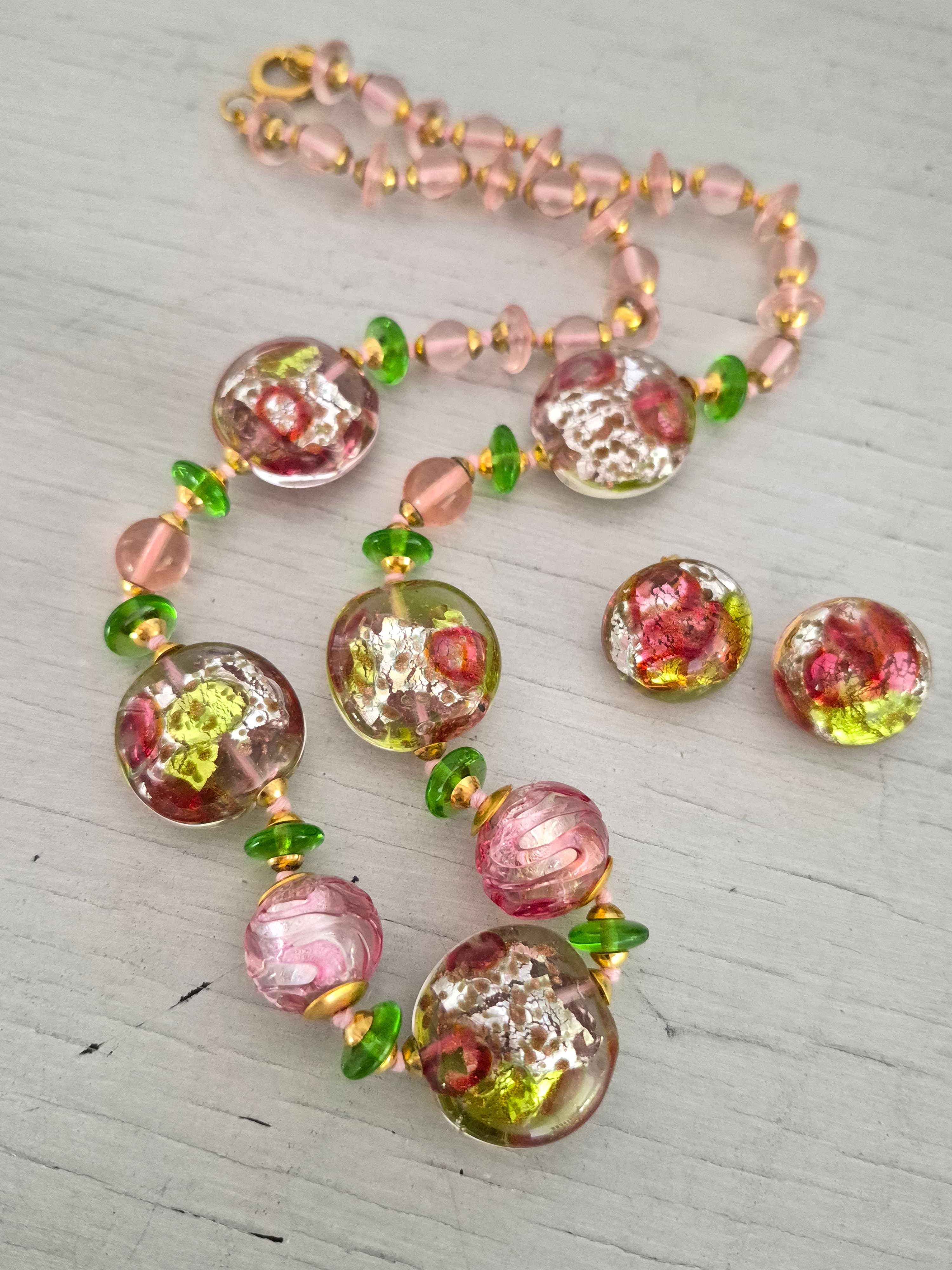 Vintage Murano Lampwork Glass Bead Necklace and Earring Set