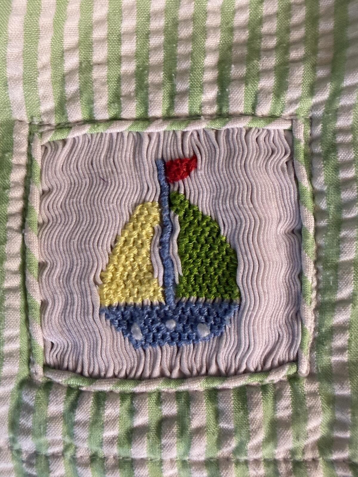 Children's Light Green Seersucker Shorts Sailboat Patch Summer Size M