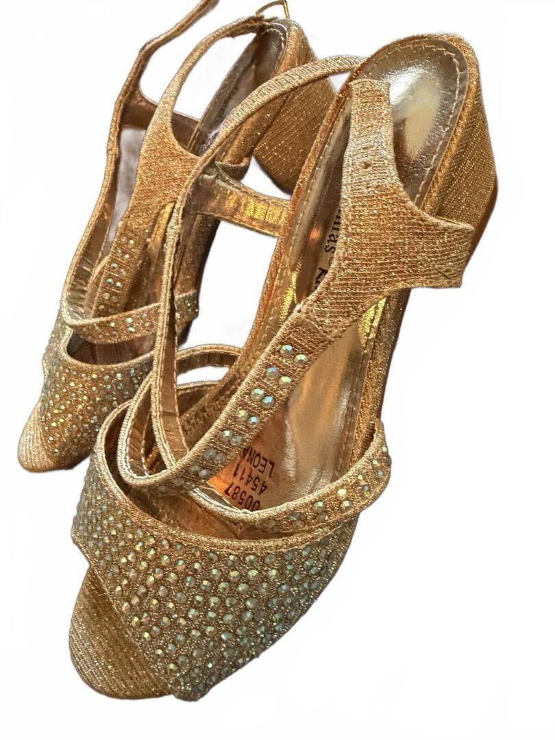 Girls Gold Rhinestone Block Heel Sandals Ankle Strap Size 1