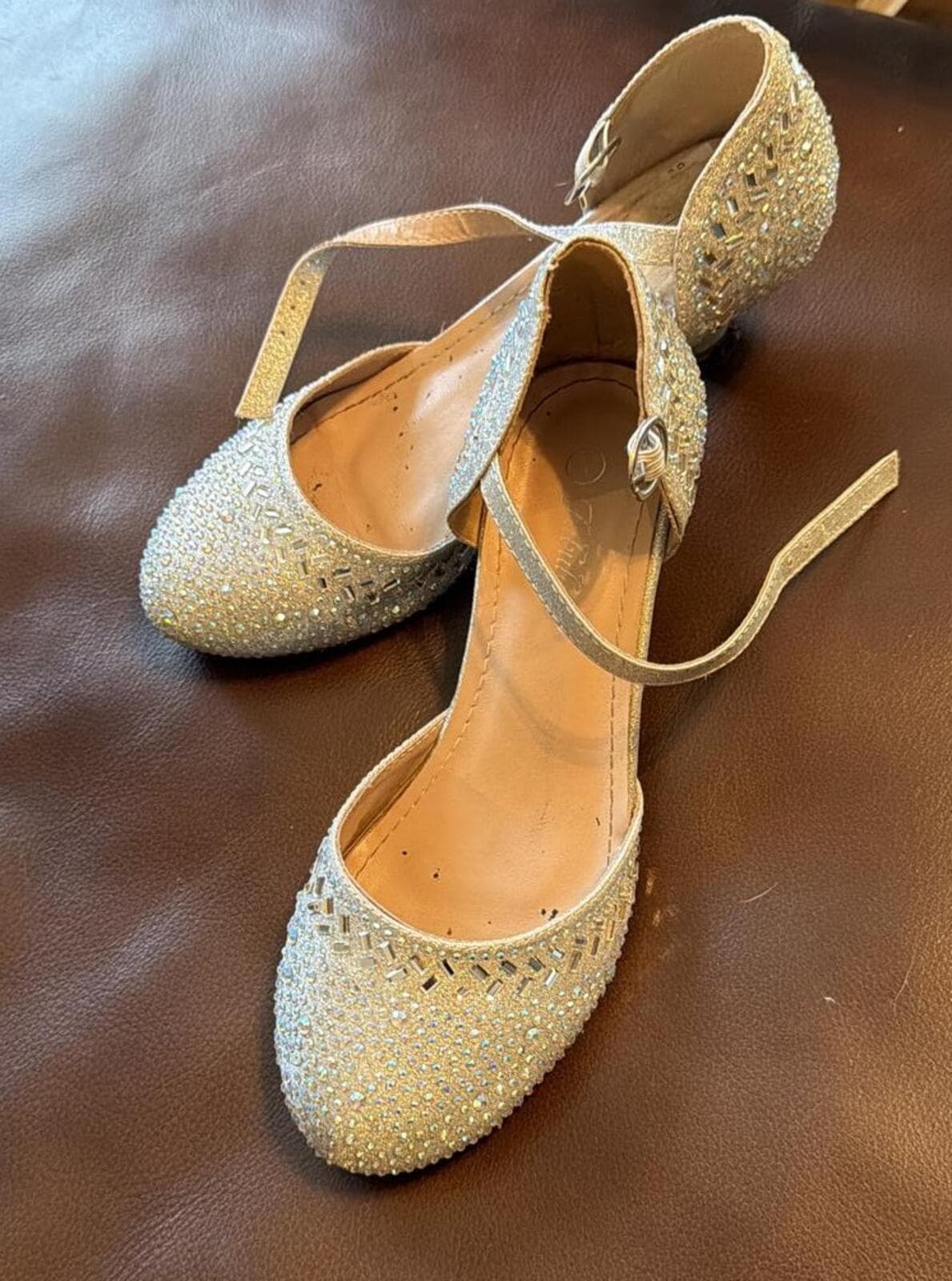 Girls Silver Glitter Low Heel Rhinestone Ankle Strap Sparkly
