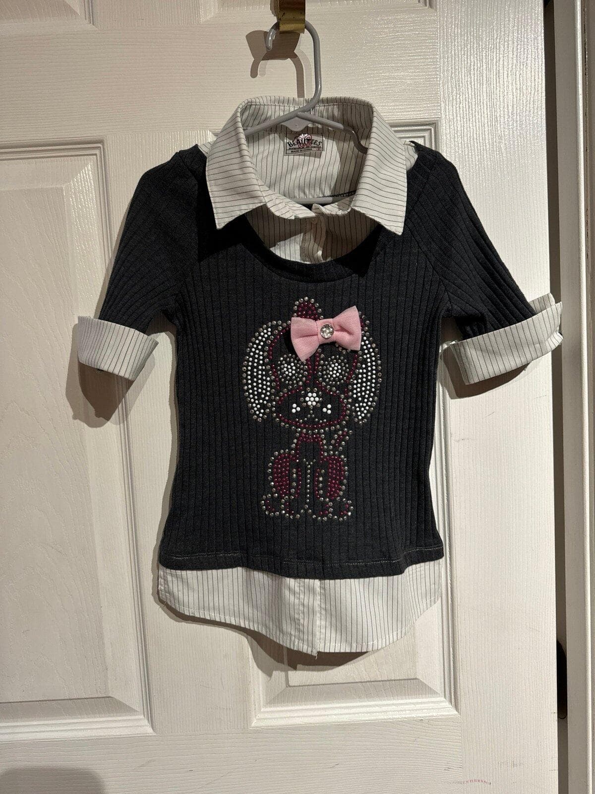 Beautees Girls 2-in-1 Layered Shirt Rhinestone Dog Preppy Top Size S