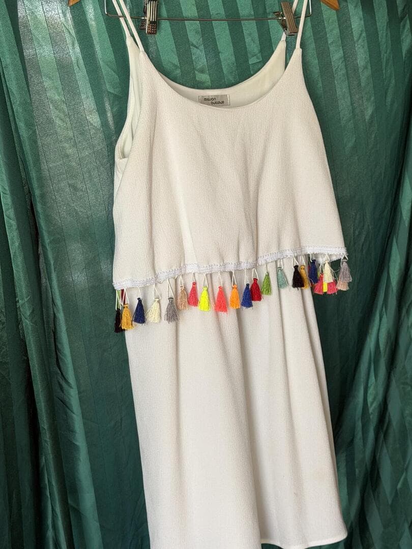 Million White Sleeveless Dress Colorful Tassel Trim Summer Midi Boho Size L