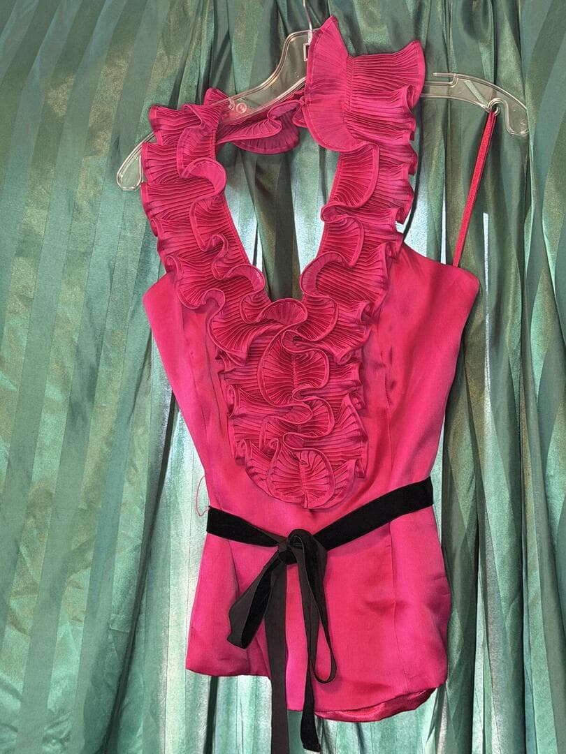 White House Black Market Ruffle Halter Top Velvet Waist Tie