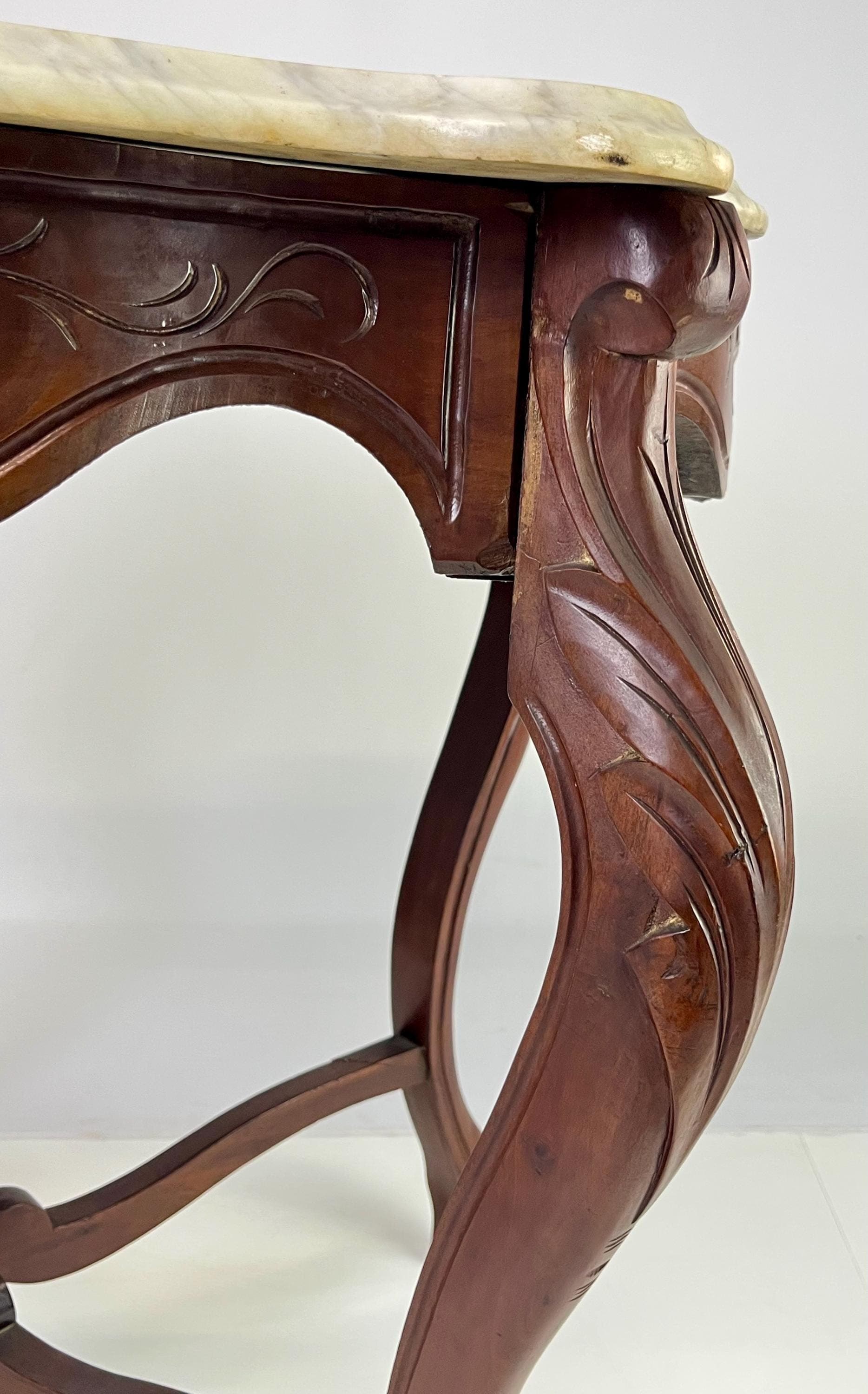 Victorian Rococo Revival Carved Walnut & Marble Top Parlor Table - Thumbnail 10