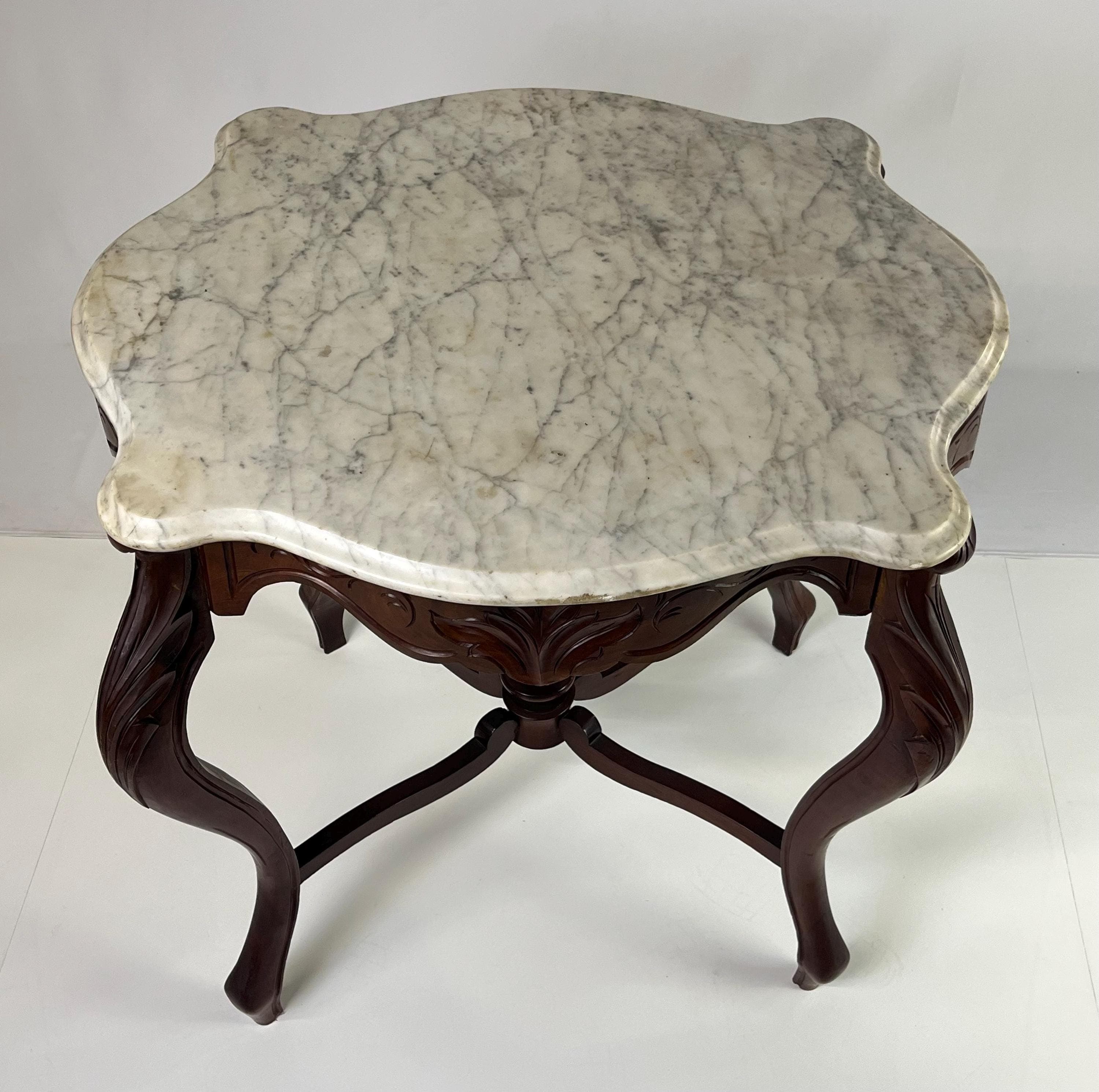Victorian Rococo Revival Carved Walnut & Marble Top Parlor Table - Thumbnail 8