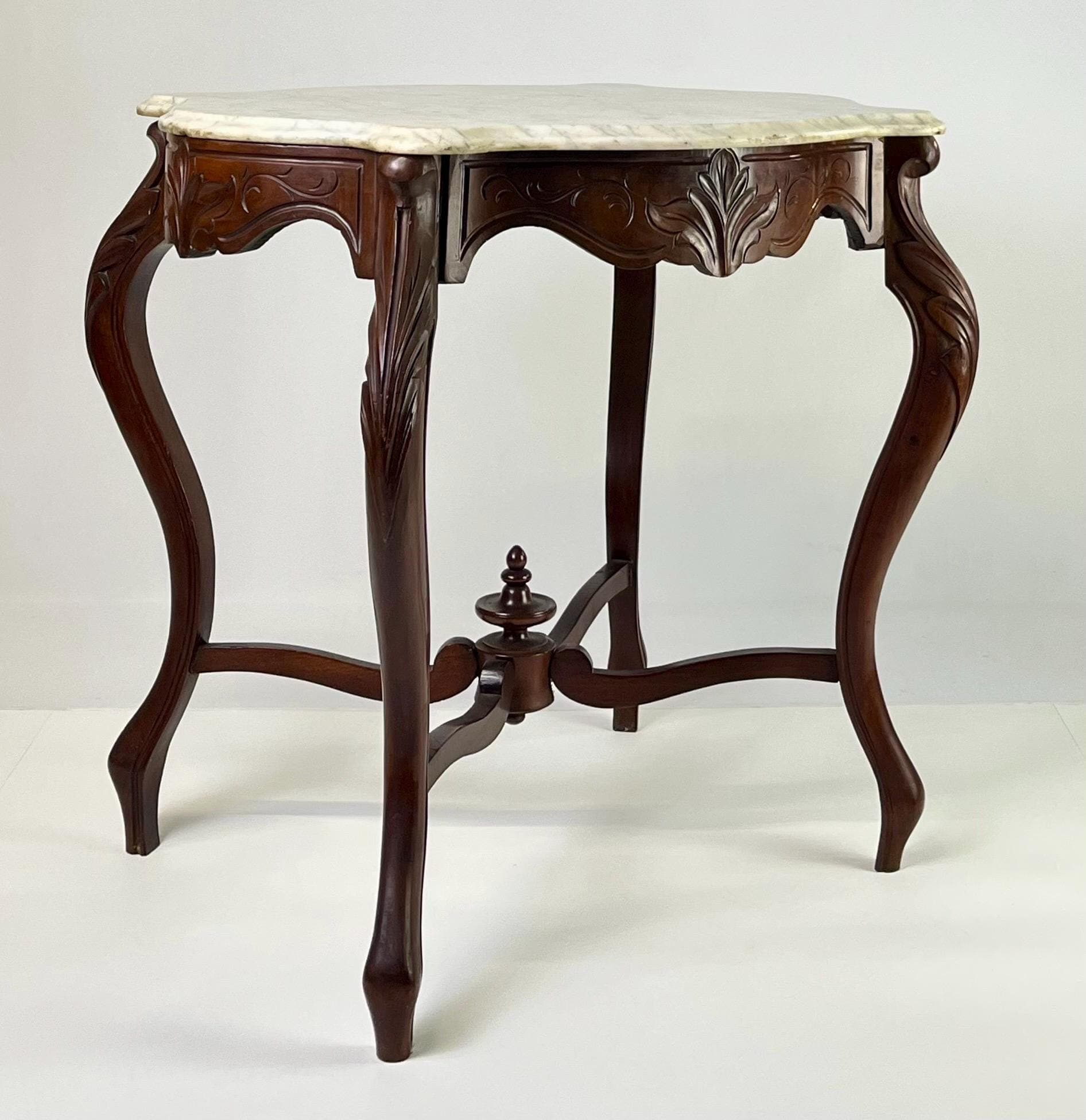 Victorian Rococo Revival Carved Walnut & Marble Top Parlor Table - Thumbnail 5
