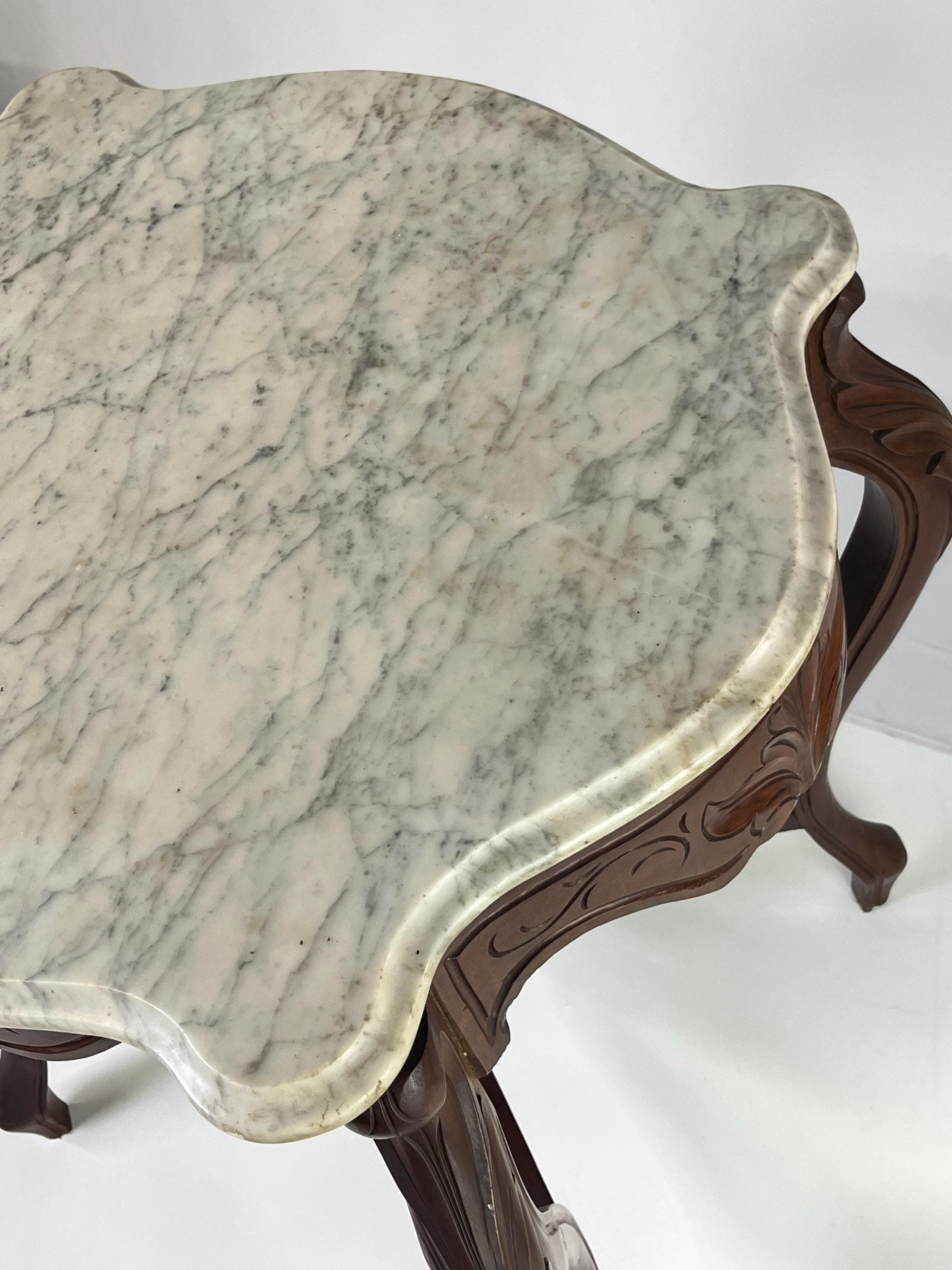 Victorian Rococo Revival Carved Walnut & Marble Top Parlor Table - Thumbnail 14